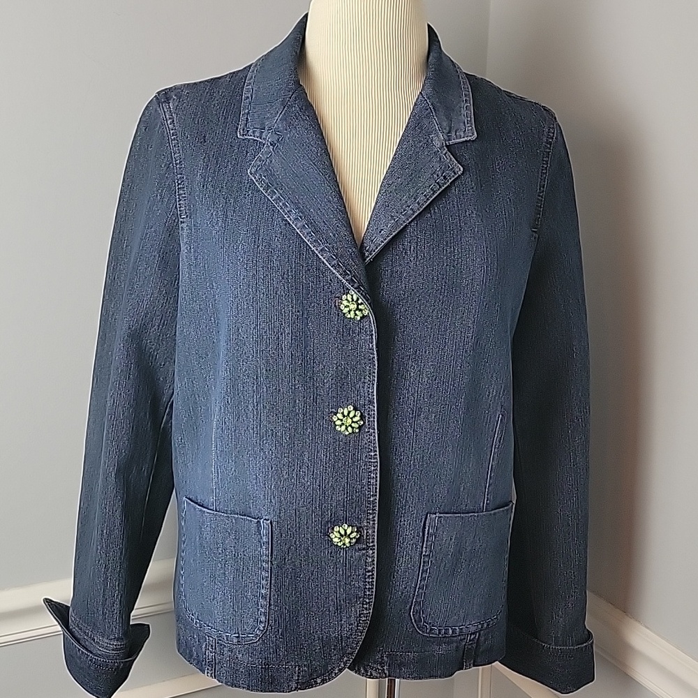 LIZ CLAIBORNE‎ Rhinestone Button Patch Pocket Casual Career Denim Blazer Jacket